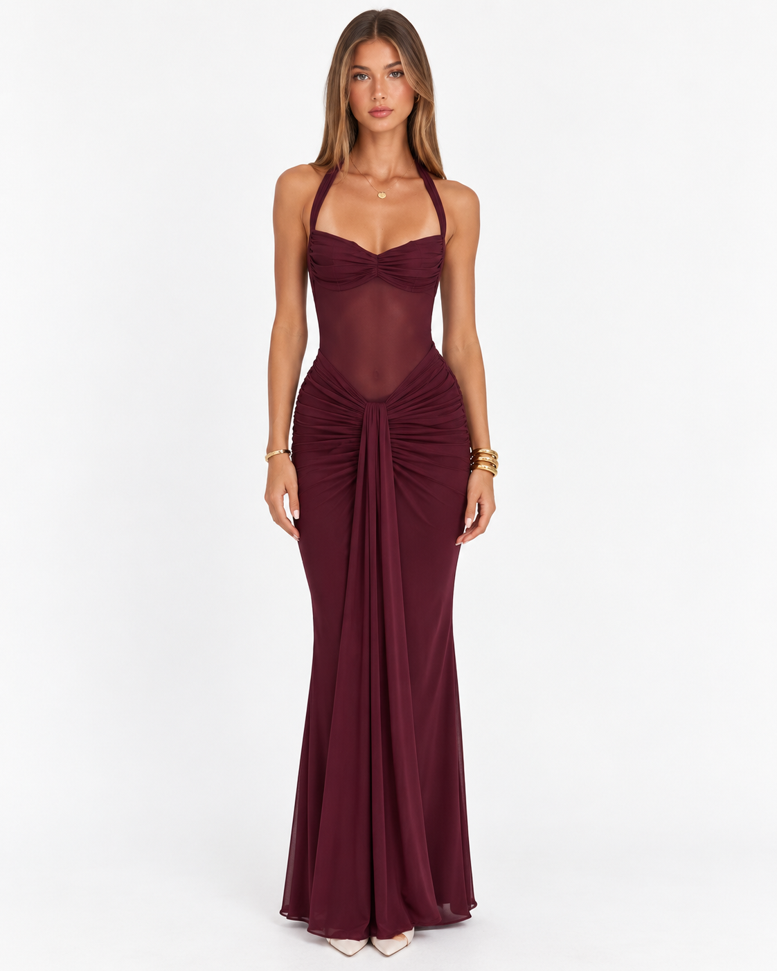 Vespera – Ruched Mesh Maxi Dress